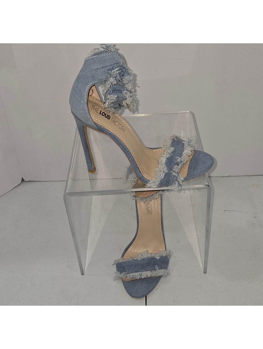 THE LOUD FACTORY paula Denim Fringed Ankle Strap Stiletto Heels Light Wash  6.5